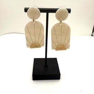 Cream Marbled Acrylic Statement Earrings Art Deco Sunrise Dangle Gold Tone